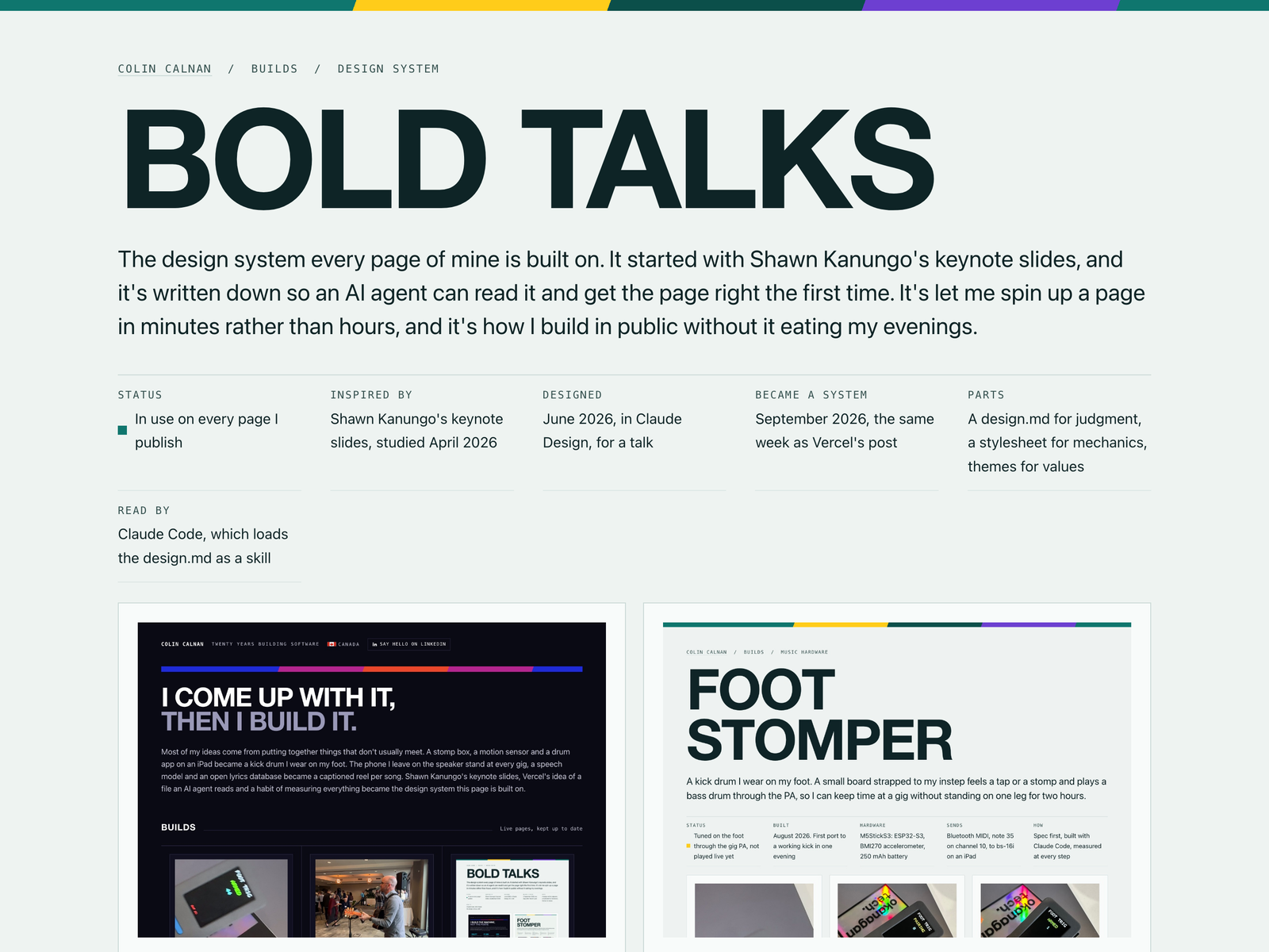 The top of the Bold Talks page: a pale teal-grey page under a teal, yellow and violet stripe, the huge title BOLD TALKS, and a line saying it is the design system every page is built on.