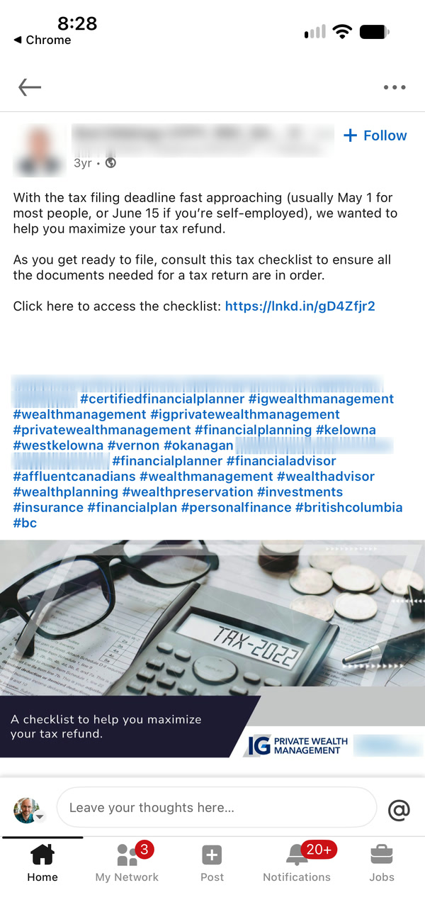 A real LinkedIn post the system made for a financial advisor, on a phone: a short note about the tax filing deadline with a link to a checklist, hashtags, and a branded image of a calculator reading TAX-2022 with the line A checklist to help you maximize your tax refund. The advisor's face, name and firm name are blurred.