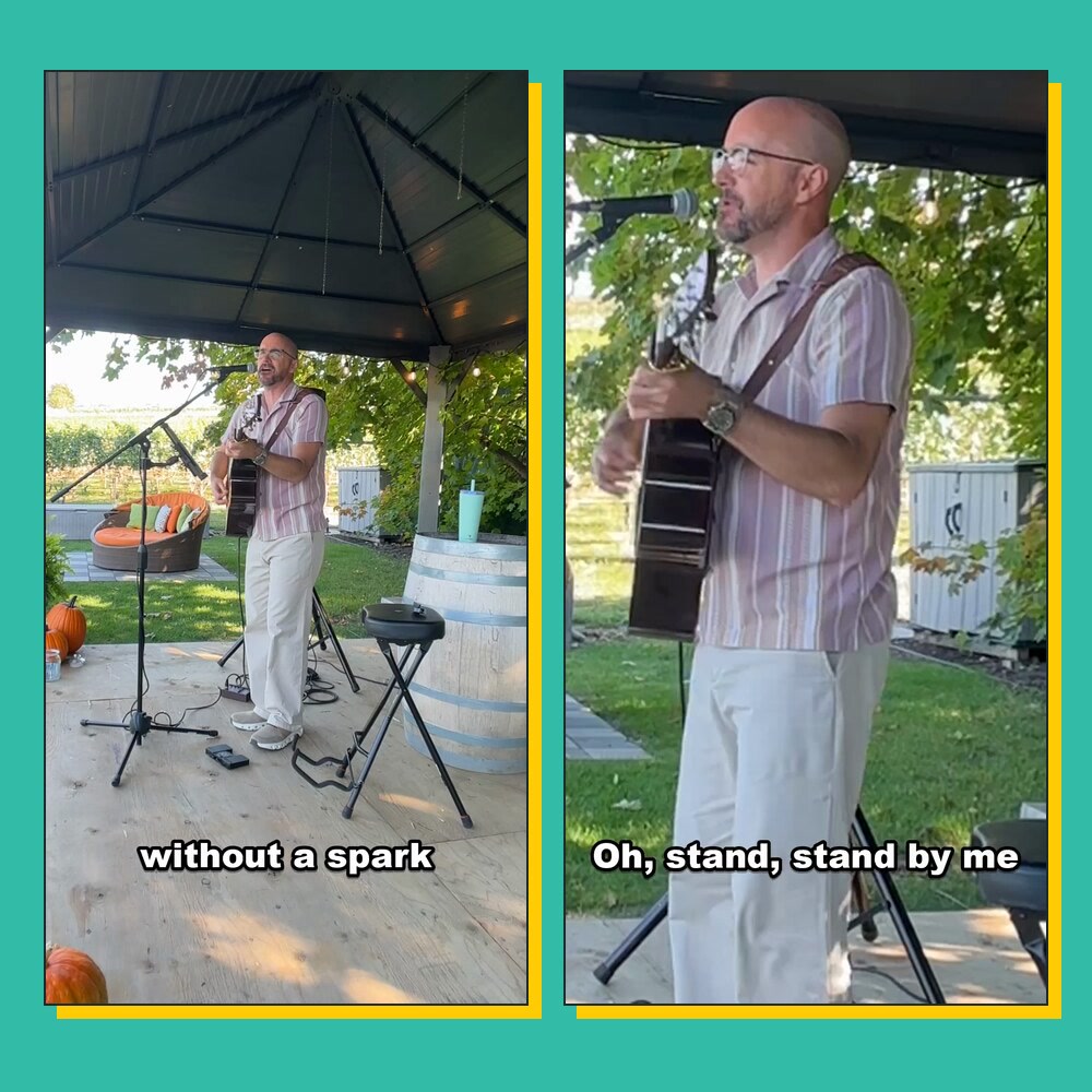 Two reels the tool cut from one gig video: Colin singing under a gazebo at a winery, captioned without a spark, and a close-up captioned Oh, stand, stand by me.