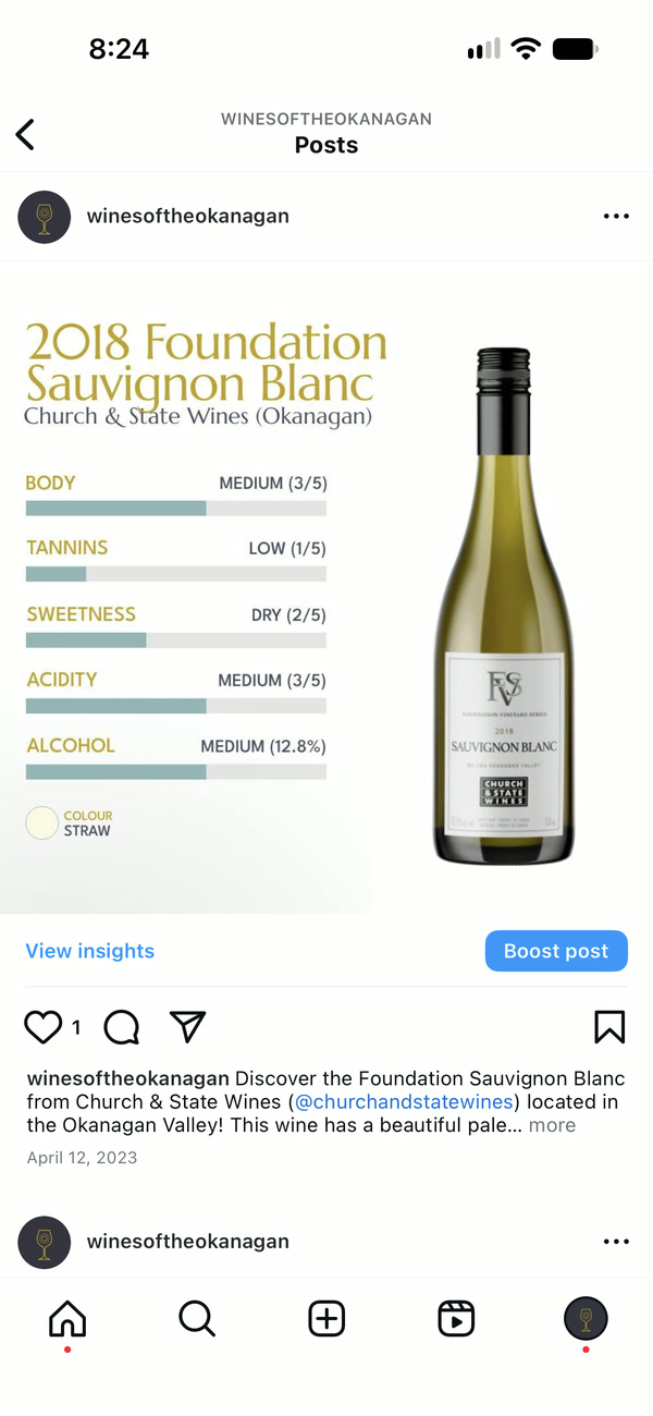 A real post on the Wines of the Okanagan Instagram account, on a phone: the 2018 Foundation Sauvignon Blanc from Church and State Wines, with tasting meters for body, tannins, sweetness, acidity and alcohol, each bar drawn to its value, beside the bottle.