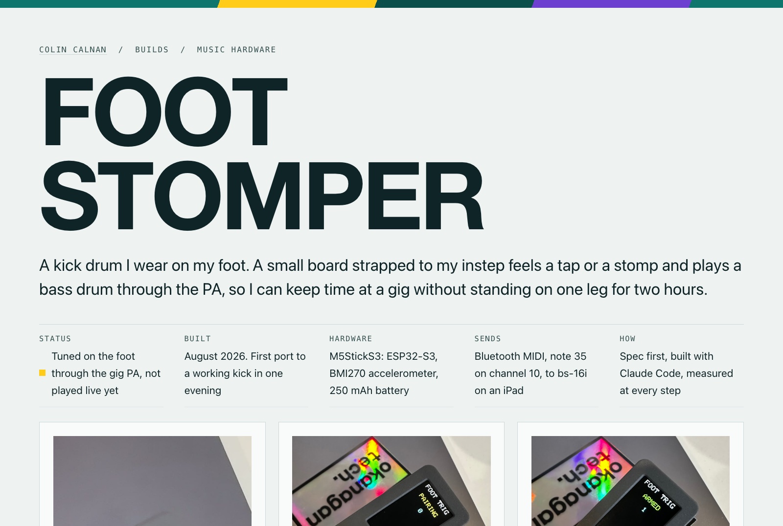 The top of the Foot Stomper build page in the teal theme: a pale teal-grey page with a teal, yellow and violet stripe, the huge title FOOT STOMPER, and the facts row.