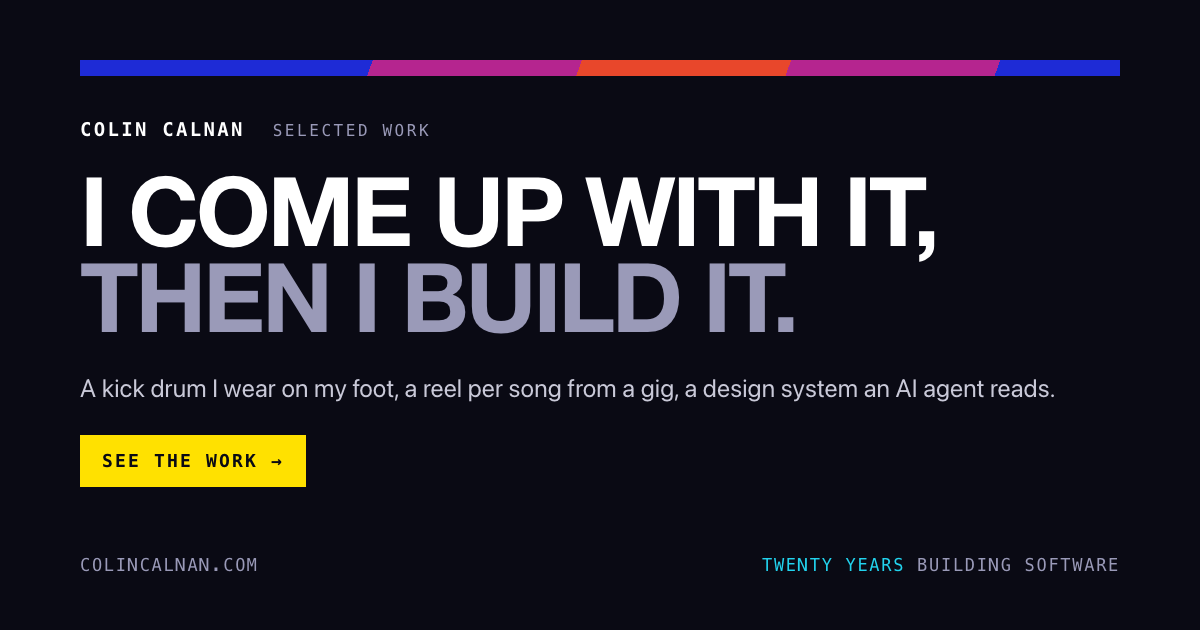 The portfolio's social card: dark, the Bold Talks stripe, I come up with it, then I build it, and a yellow See the work button.
